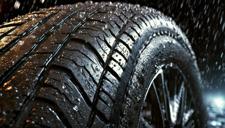 Close-up of water splashing on a new tire during the rain on a dark background. Generative Ai.の素材