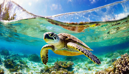 Close-up of a sea turtle swimming under the ocean surface, side and front view, clear sky on background. Generative Ai.の素材