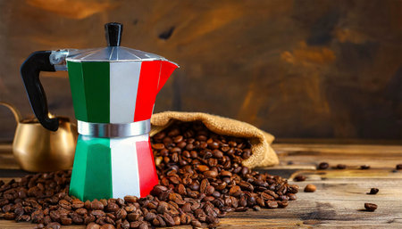 Closeup of a traditional Italian coffee maker (moka or mocha) with the colors of the Italian flag on a wooden table with many roasted coffee beans and copy space. Horizontal composition. Generative Ai.の素材