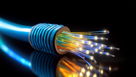 Close-up of a fiber optic data cable with visible glowing wires on a dark background. Data internet technology cable. Generative Ai.の素材