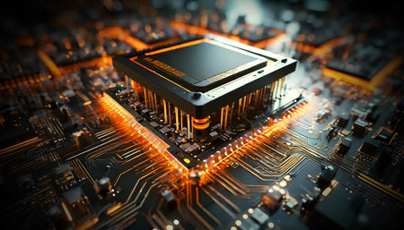 Close-up of a futuristic high-tech cpu central processor unit of a supercomputer, close-up of mother board with selective focus on the main processor. Generative Ai.の素材