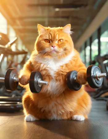 Close-up of an obese and overweight orange cat lifting weights in order to lose weight in a gym. Biceps workout. Obesity, weightlifting and health care concept. Generative Ai.の素材