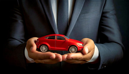 Closeup of hands of a businessman (salesman) in formal clothing, holding a red miniature car on a dark background. Generative Ai.の素材