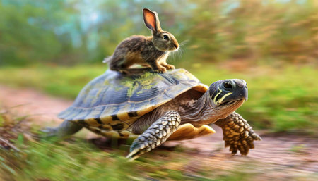 Close-up of a hare or rabbit on the carapace of a fast turtle running at full speed. Turtle carrying a rabbit on its back. Generative Ai.の素材
