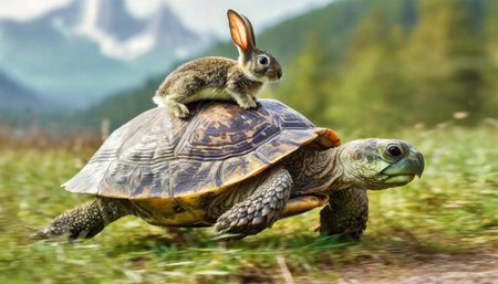 Close-up of a hare or rabbit on the carapace of a fast turtle running at full speed. Turtle carrying a rabbit on its back. Generative Ai.の素材