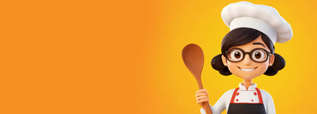 3D cartoon character of a female chef, holding a wooden spoon, looking at camera. On a yellow and orange background with copy space. Generative Ai.の素材