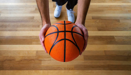 Close-up of the hands of a basketball player holding an orange and black basketball ball on the wooden parquet of a basketball court. Generative Ai.の素材