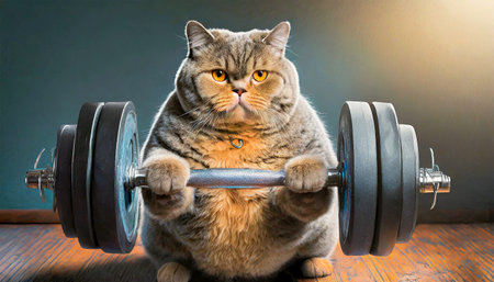 Close-up of an obese and overweight orange cat lifting weights in order to lose weight in a gym. Biceps workout. Obesity, weightlifting and health care concept. Generative Ai.の素材