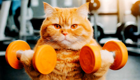 Close-up of an obese and overweight orange cat lifting weights in order to lose weight in a gym. Biceps workout. Obesity, weightlifting and health care concept. Generative Ai.の素材
