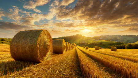 Row of hay bales on a golden beautiful landscape at sunset or sunrise. Agricultural field with hills and sky with clouds in the background. Generative Ai.の素材
