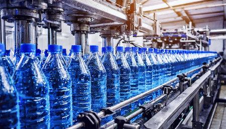Bottling line or bottling plant of drinks in blue transparent plastic bottles in a factory. Generative Ai.の素材