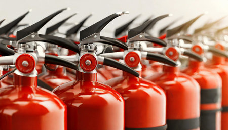 Extreme close-up of a large group of red fire extinguishers, full frame. Concept of protection and security. Generative Ai.の素材