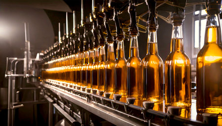 Bottling line or bottling plant of beer bottles in a brewery factory. Generative Ai.の素材