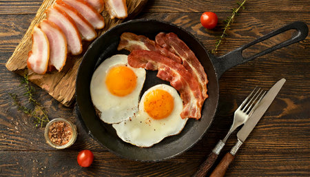 Close-up of two fried eggs and slices of bacon in a black skillet with a metal handle, on a wooden table with fork and knife, top view. Generative Ai.の素材