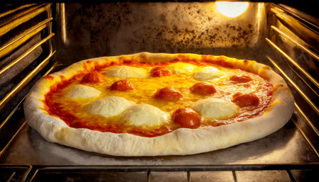 Close-up of a Margherita pizza with mozzarella and tomatoes in an electric oven. Generative Ai.の素材