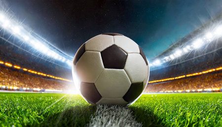 Closeup and bottom view of a leather soccer ball in a soccer field stadium illuminated for a night match. Generative Ai.の素材