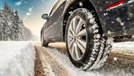 Side and bottom view of the close-up of a car with winter tires on a snowy and icy road while it is snowing. Generative Ai.の素材