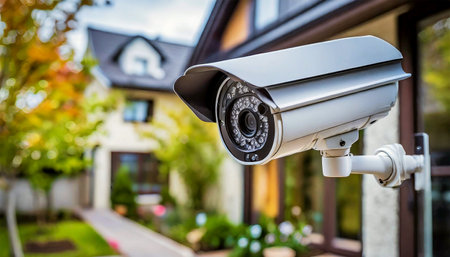 Close-up of a CCTV modern security camera outside a house in a residential district, using for recording and monitoring the criminals scene. Generative Ai.の素材