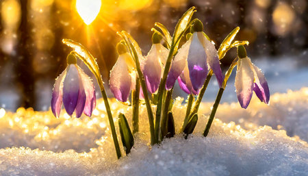 Closeup of a group of snowdrop flowers blooming in winter or spring under the snow. Generative Ai.の素材