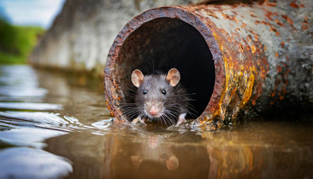 Closeup of a rat inside a rusty sewer pipe; rat looking out of a drain in the sewerage system. Rodent problem in the canalization system, unsanitary concept. Generative Ai.の素材