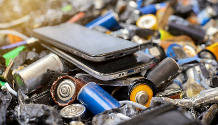 Electronic waste concept. Closeup of a large heap of waste smartphones and batteries in a landfill, full frame. Generative Ai.の素材