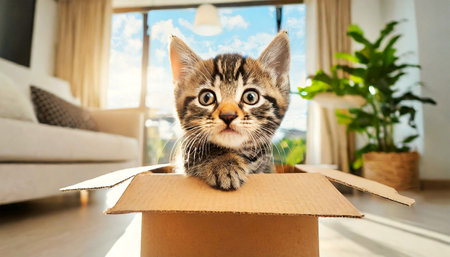 Closeup and bottom view of a curious tabby baby cat peeking out from an open cardboard box. Concept of moving to a new apartment with pets. Generative Ai.の素材