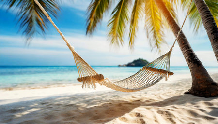 Closeup of an empty hammock hanging on palm trees of a beautiful tropical island at sunset or sunrise, and sea waves crashing on the coast. Generative Ai.の素材