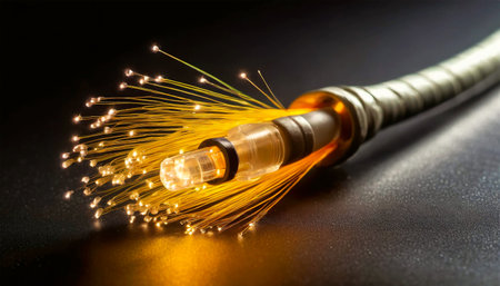 Close-up of a fiber optic data cable with visible glowing wires on a dark background. Data internet technology cable. Generative Ai.の素材