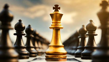 Closeup of a golden chess king standing in front of other black chess pieces. Standing out from the crowd; success and Goal concept. Generative Ai.の素材