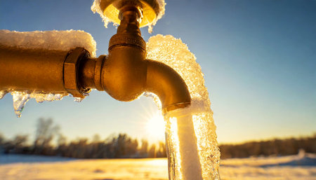 Close-up of a frozen water pipe and an ice-covered faucet in winter, clear sky with sunlight on background. Generative Ai.の素材