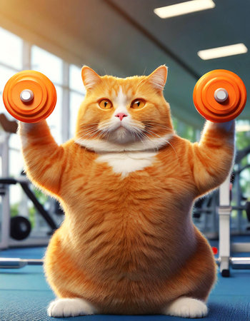 Close-up of an obese and overweight orange cat lifting weights in order to lose weight in a gym. Biceps workout. Obesity, weightlifting and health care concept. Generative Ai.の素材