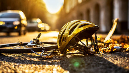 Close-up of a helmet and broken bicycle lying on the road after an accident. Generative Ai.の素材