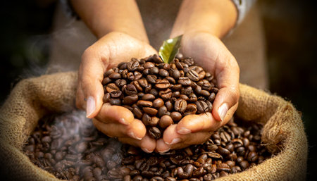 Close-up of two hands (cupped hands full of roasted coffee beans) of a female farmer showing the harvest of a coffee beans, and a burlap sack (jute sack) with roasted coffee beans. Generative Ai.の素材