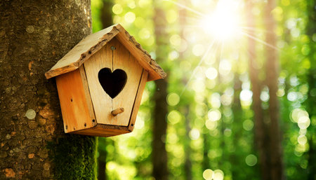 Close-up of a wooden birdhouse with heart shaped entrance, hanging on the trunk, in the background a green forest with blurred trees in sunlight. Generative Ai.の素材