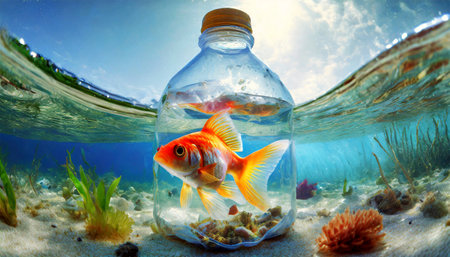 Close-up of a goldfish inside a plastic bottle on the seabed, plastic and micro plastics pollution concept. Generative Ai.の素材