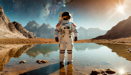 Closeup and front view of an astronaut standing inside a lake on an exoplanet. Concept of colonization of a new planet for new life outside planet earth. Generative Ai.の素材