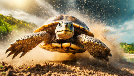 Close-up and front view of a fast turtle running at full speed. Generative Ai.の素材