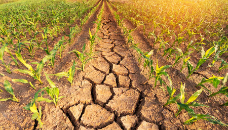 Elevated view of a corn field with cracked soil due to drought, global warming concept. Generative Ai.の素材