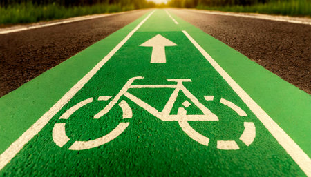 Diminishing perspective of a green bicycle lane with a white bike symbol. Generative Ai.の素材