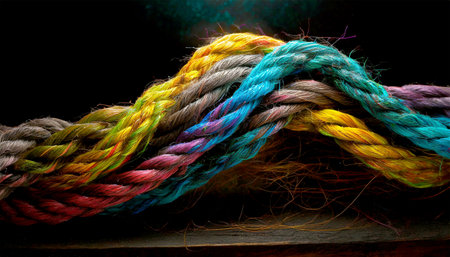 Extreme closeup of a group of multicolored ropes intertwined, teamwork and partnership concept. Generative Ai.の素材