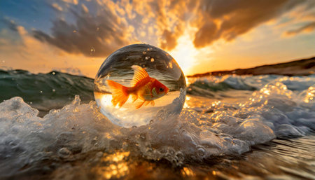 Close-up of a small goldfish inside a crystal sphere or glass sphere, among the sea waves crashing during the storm at sunset or sunrise. Generative Ai.の素材