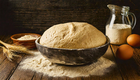 Closeup of artisan leavened dough in a black bowl on a wooden table with flour and two chicken eggs. Artisan bakery or pastry shop concept. Generative Ai.の素材