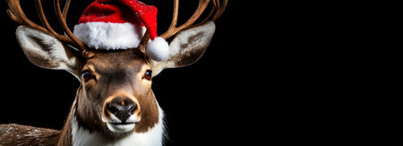 Close-up of a reindeer dressed as Santa Claus on a black background with copy space. Template for a greeting card. Generative Ai.の素材