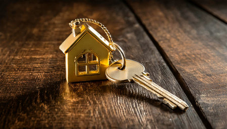 Extreme close-up of a house key with golden house shaped keychain on wooden background with copy space. Generative Ai.の素材