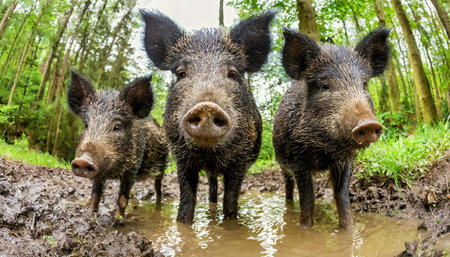 Closeup, front view and bottom view of a family of wild boar standing inside a muddy puddle in the green forest looking at the camera. Generative Ai.の素材