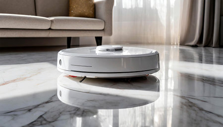 Close-up of a white wireless futuristic vacuum hoover cleaning machine robot on a white marble with reflection in a living room. Generative Ai.の素材