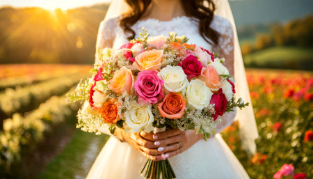 Close-up of a wedding bouquet with beautiful white, red, pink and orange roses in the hands of the bride. Outdoor setting. Generative Ai.の素材