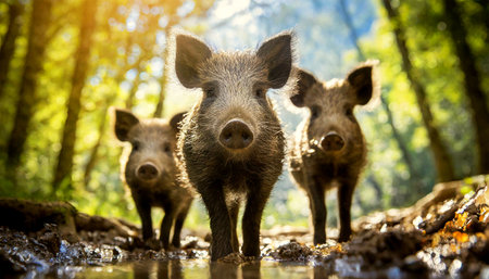 Closeup, front view and bottom view of a family of wild boar standing inside a muddy puddle in the green forest looking at the camera. Generative Ai.の素材