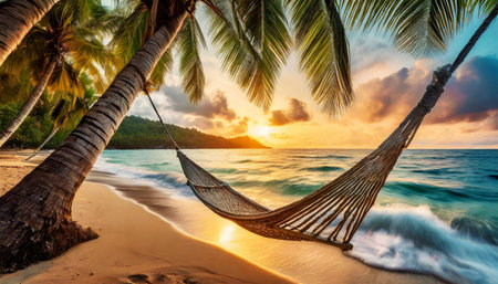 Closeup of an empty hammock hanging on palm trees of a beautiful tropical island at sunset or sunrise, and sea waves crashing on the coast. Generative Ai.の素材