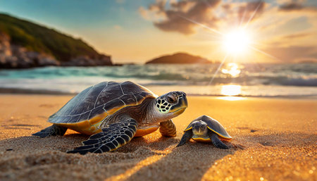 Close-up of an adult and newborn sea turtle on a sandy beach of a tropical island at sunset or sunrise. Generative Ai.の素材